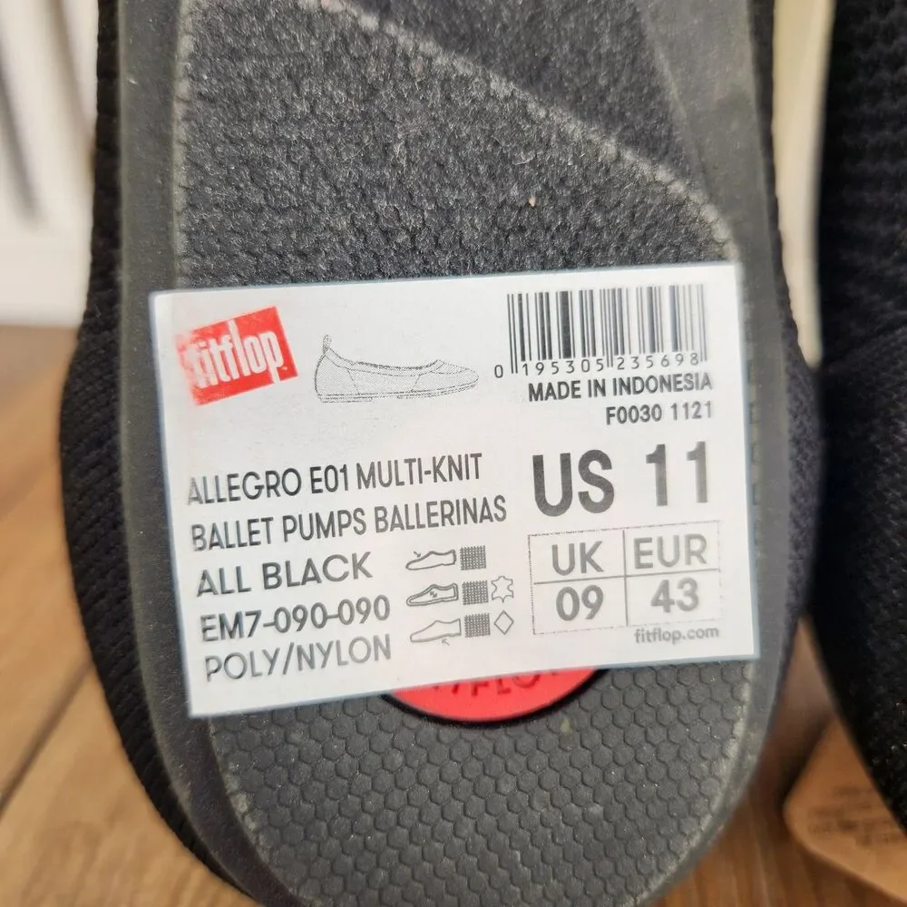 Fitflop Allegro Knit Ballet Flats Womens Size 11 Black Low Slip On Comfort Shoes